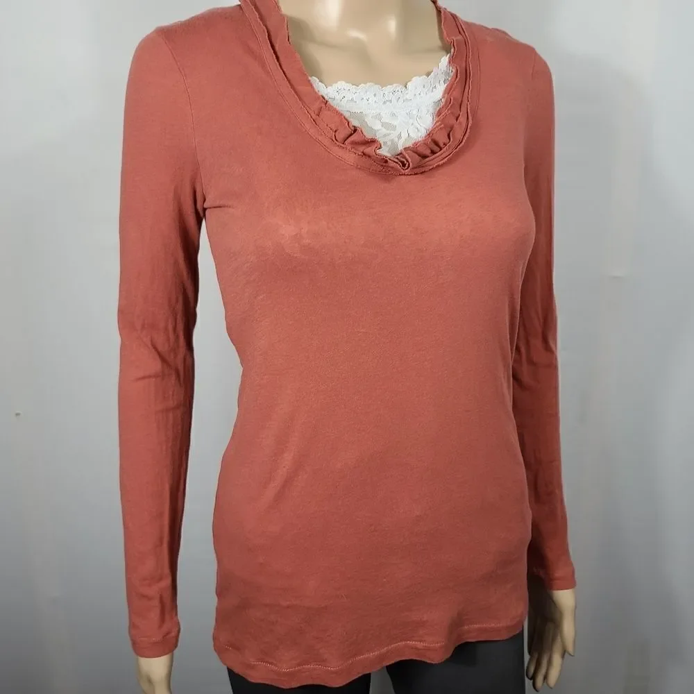 J.crew Burnt Orange long Sleeve Ruffled Neck Top